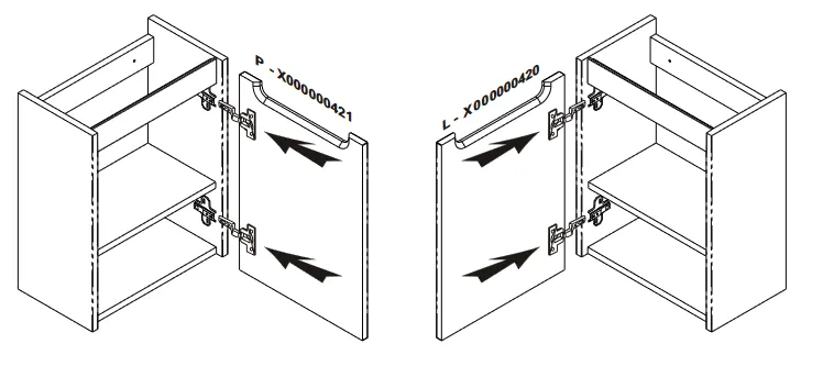 Szkic drzwiczek szafki z wymiarami i zawiasami