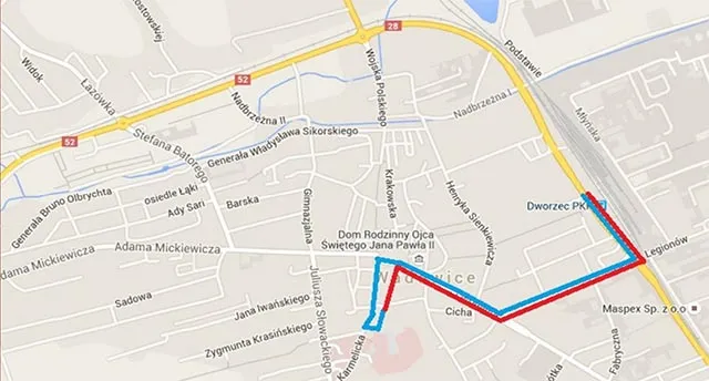 mapa dojścia rynek Wadowice do dworca autobusowego