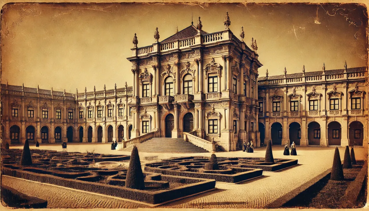 Pałac z dziedzińcem i ogrodem w stylu renesansowym, z symetryczną architekturą i bogatymi zdobieniami, odzwierciedlającymi cechy sztuki renesansowej.