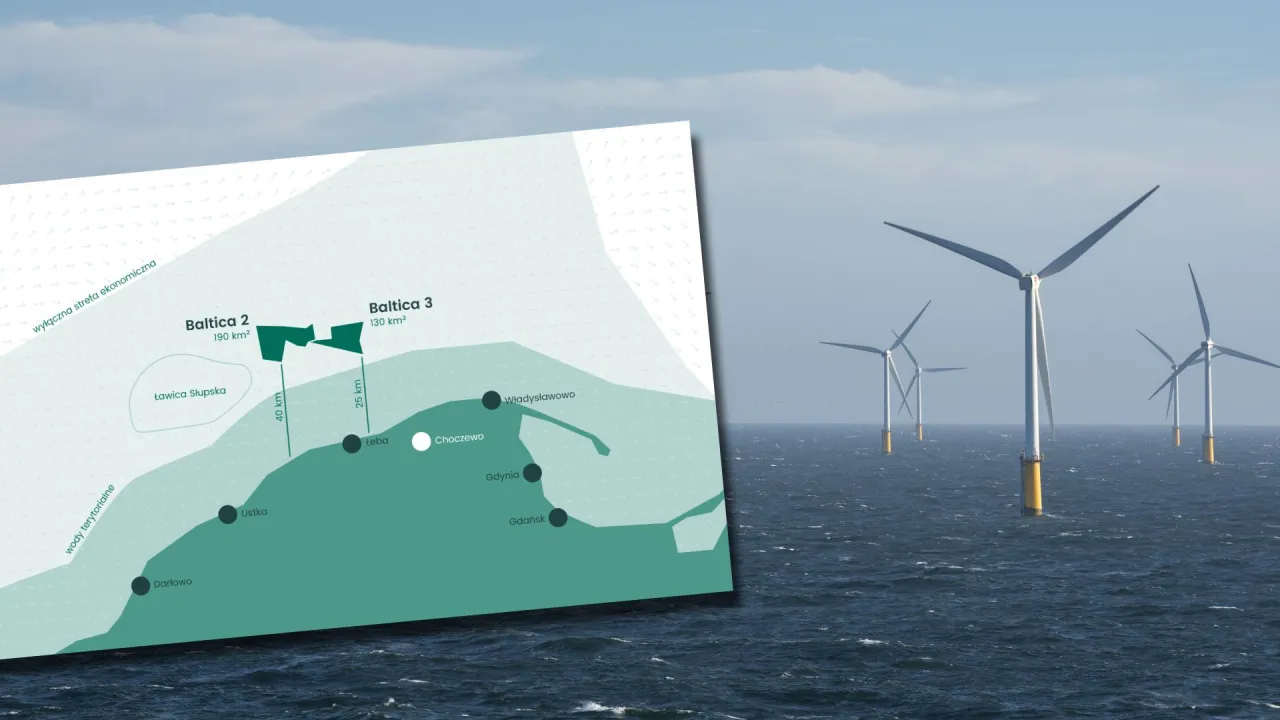 Wizualizacja morskich farm wiatrowych na Bałtyku lub nowoczesnej elektrowni jądrowej w Polsce