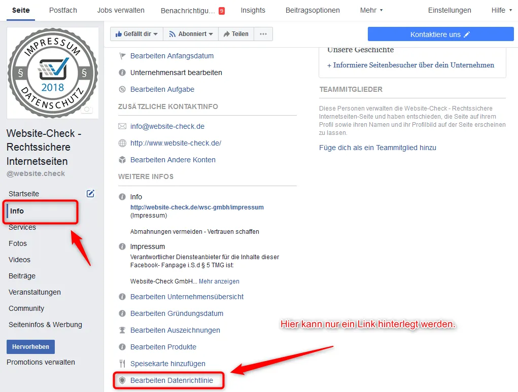 Facebook Fanpage DSGVO Impressum Datenschutzerkl&auml;rung