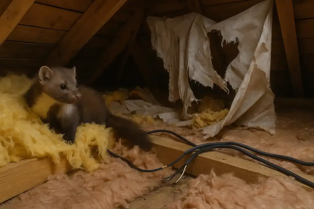 Kuna szkody w izolacji poddasza. Zwierzę siedzi wśr&oacute;d wełny mineralnej, obok uszkodzonej tkaniny i kabli.