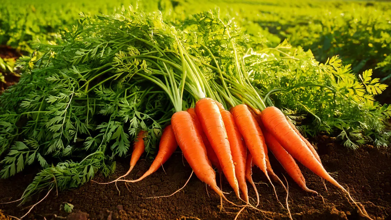 Świeżo wykopane marchewki z zielonymi naćmi leżą na ziemi. Idealny czas, by dowiedzieć się, jak siać marchew do gruntu.