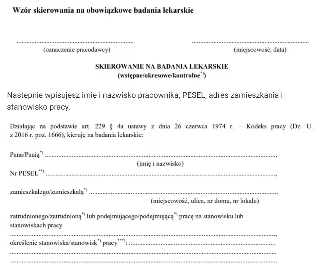 skierowanie na badania medycyny pracy wz&oacute;r