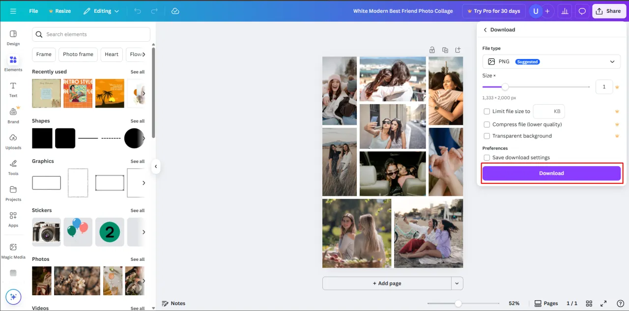 Canva interfejs łączenie zdjęć kolaż