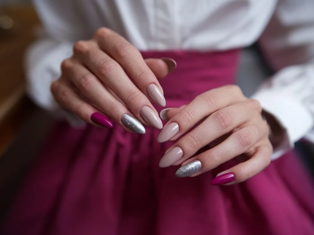 paznokcie nude do fuksjowej sukienki, french manicure fuksja