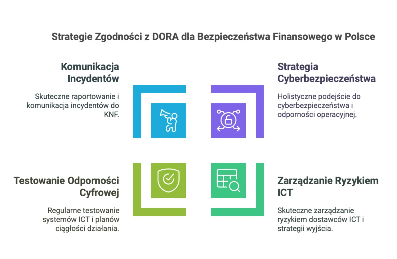 Strategie zgodności z DORA rozporządzenie: komunikacja incydent&oacute;w, cyberbezpieczeństwo, testowanie odporności cyfrowej, zarządzanie ryzykiem ICT.