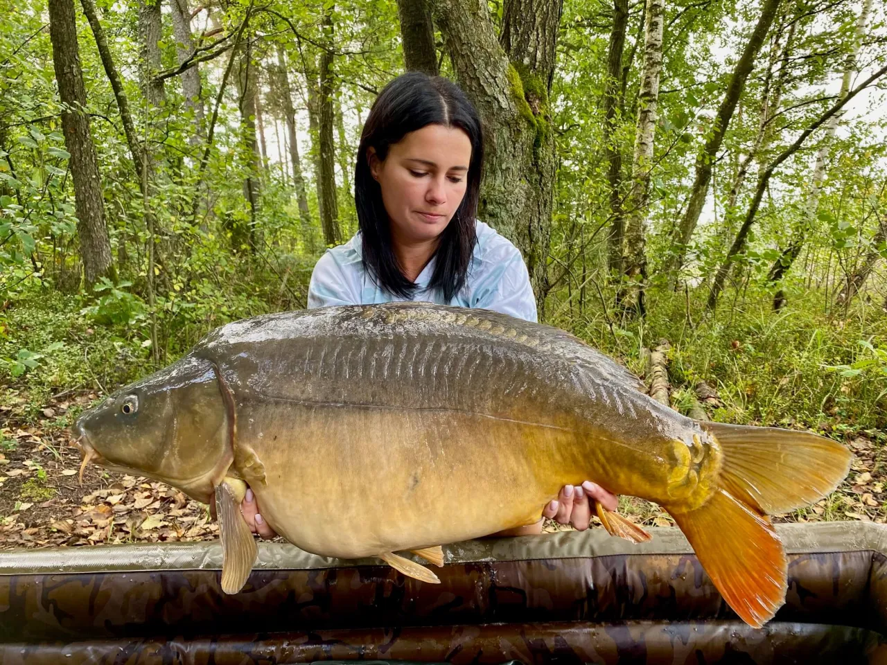 Kobieta trzyma ogromnego karpia, złowionego na wędkę feeder. Do czego służy taki sprzęt? Do łowienia dużych ryb!