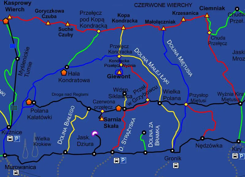 Mapa szlaku na Giewont z Doliny Strążyskiej