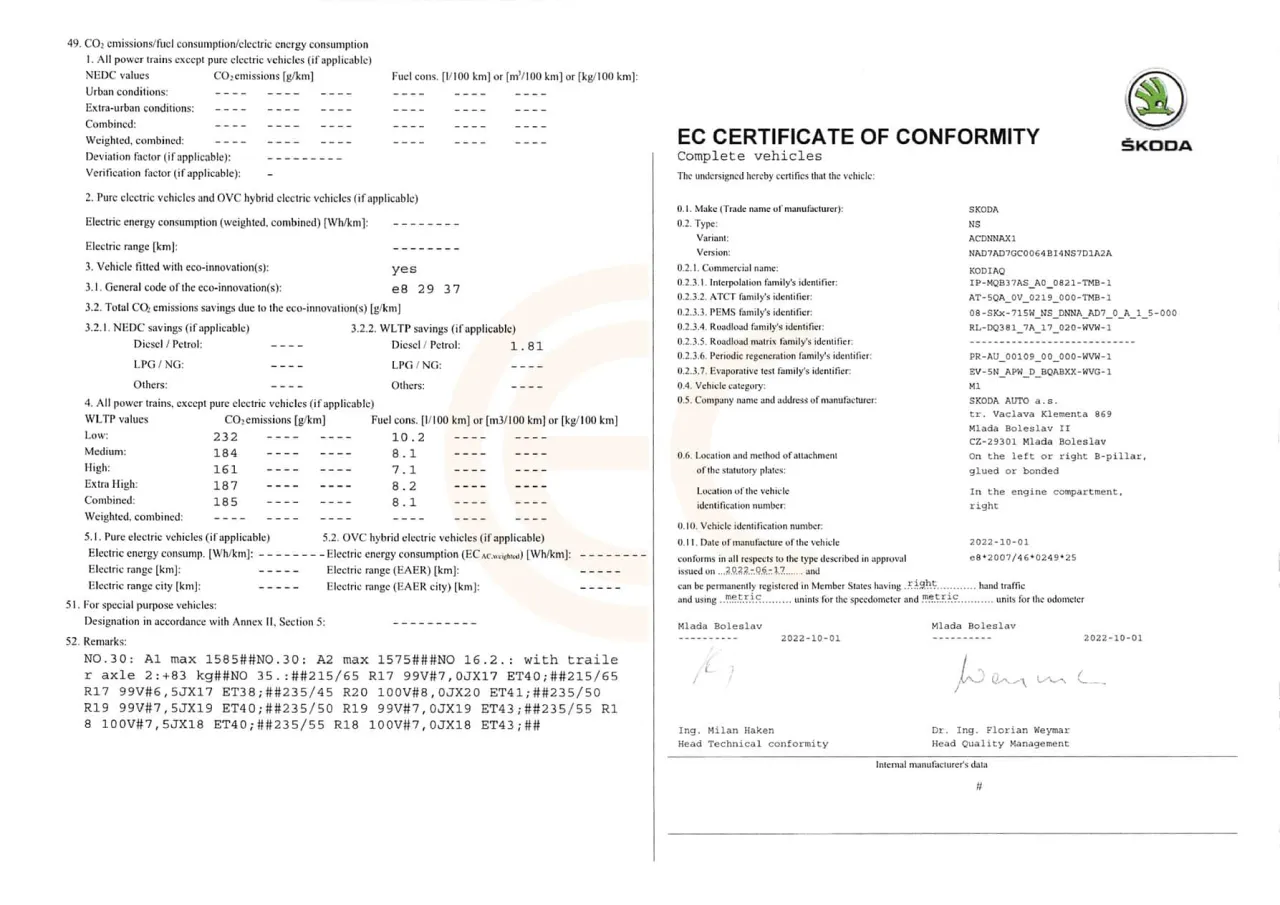 Świadectwo zgodności CoC samochód emisja CO2