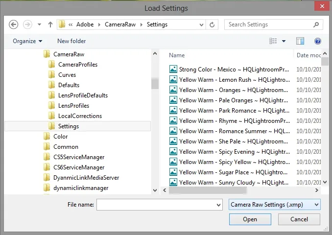 Lokalizacja folderu presetów Camera Raw Windows Mac