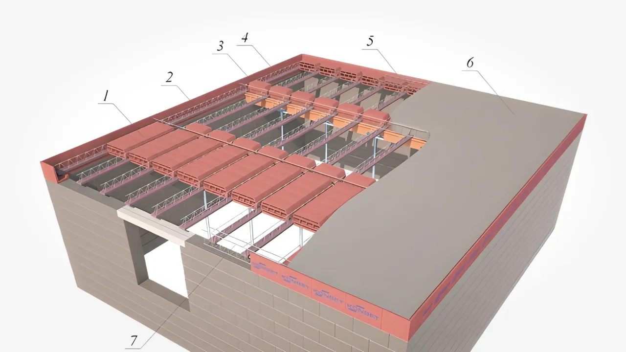 Przekrój budynku ukazujący, co to strop: system belek, pustaków i płyty wylewanej tworzą solidną konstrukcję.