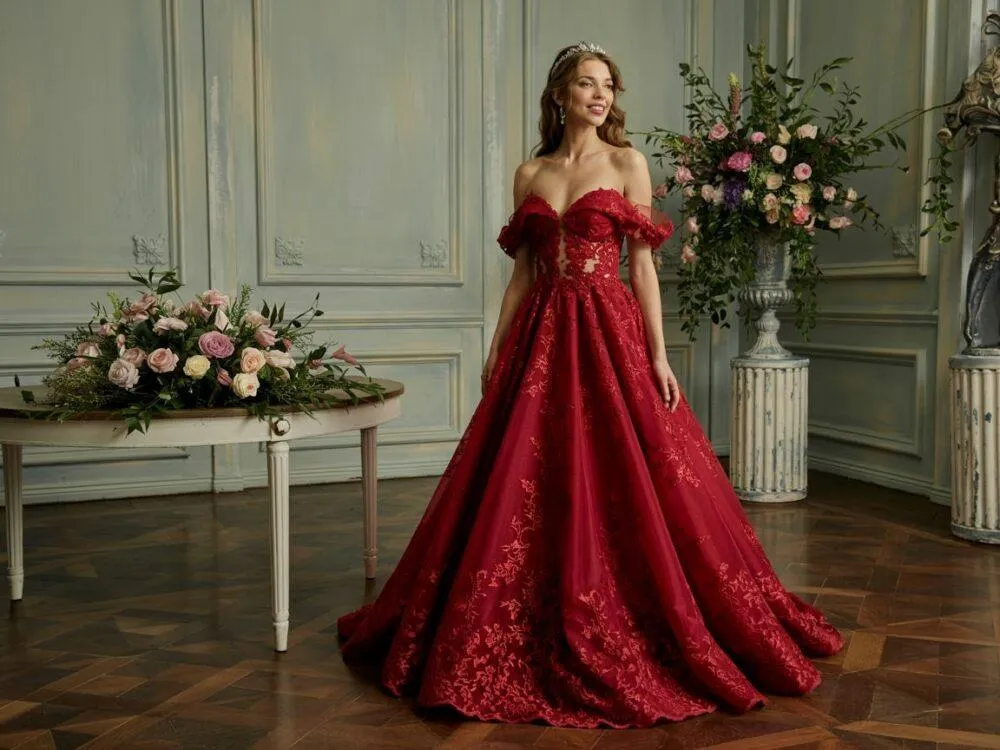 nowoczesna panna młoda w czerwonej sukni ślubnej