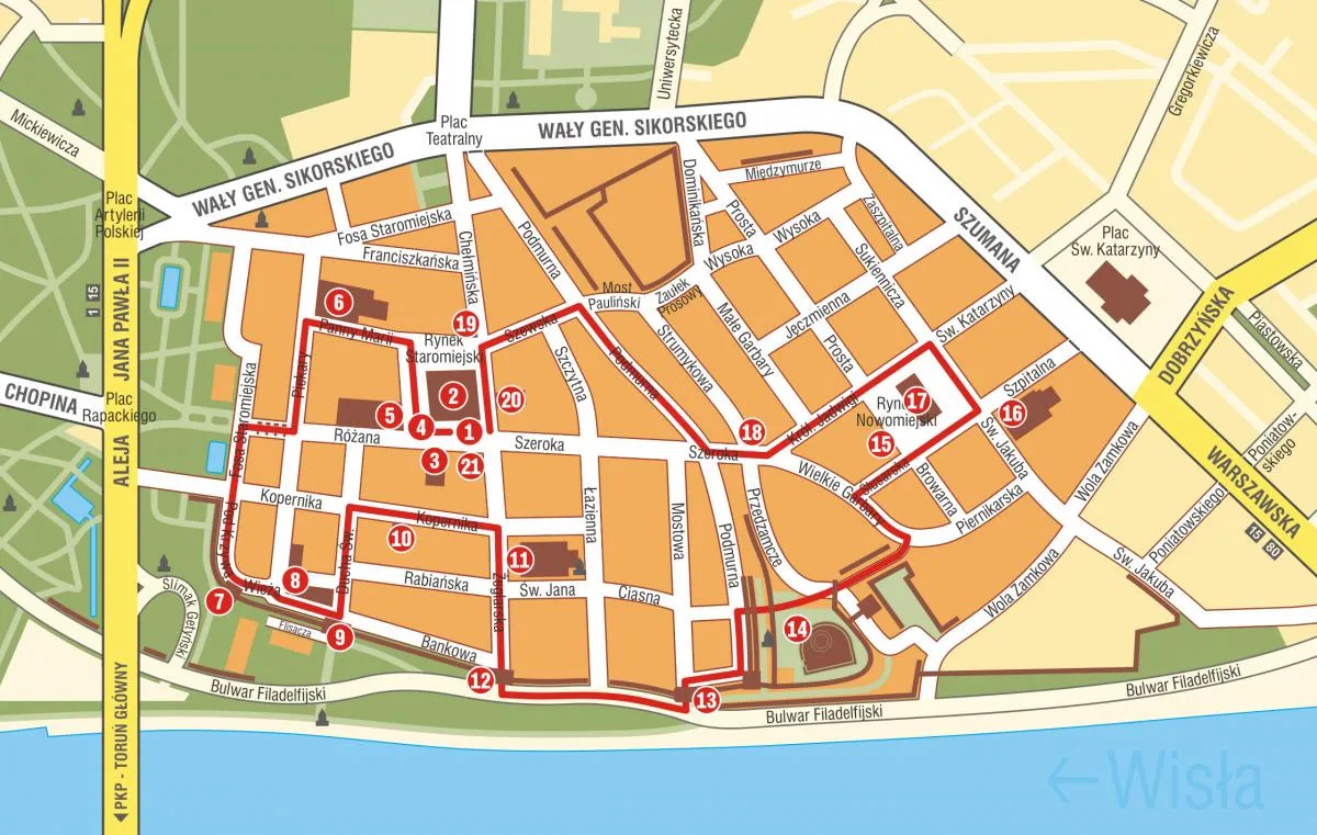 Mapa atrakcji Torunia lub planowanie wycieczki Toruń