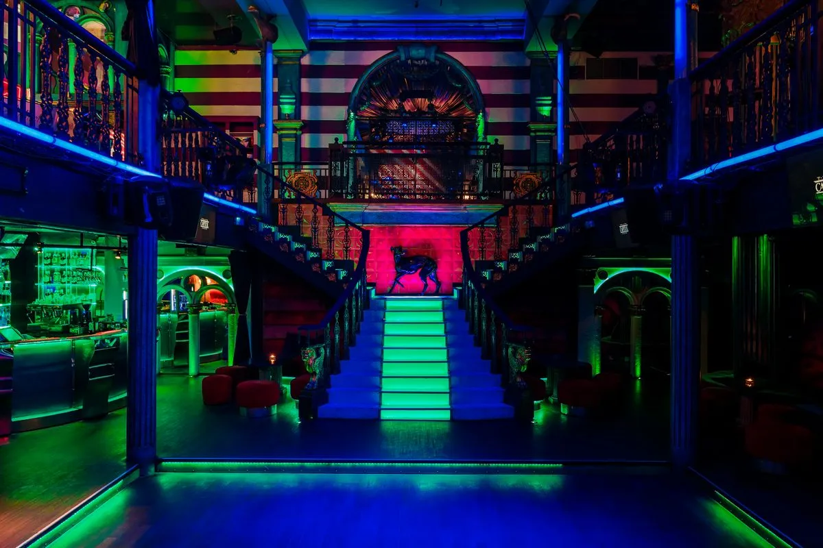 Wnętrze klubu Capitol Club Warszawa. Efektowne schody z podświetlanymi stopniami prowadzą do rzeźby psa.