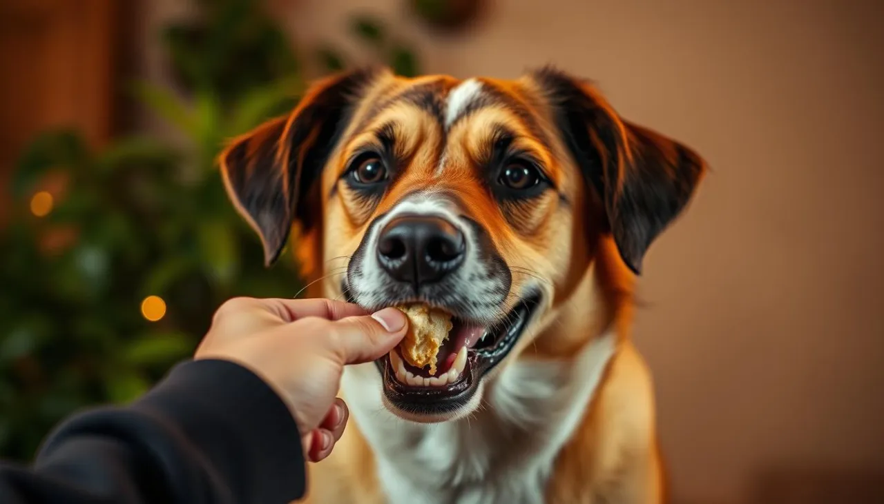 pies jedzący smakołyk z ręki właściciela