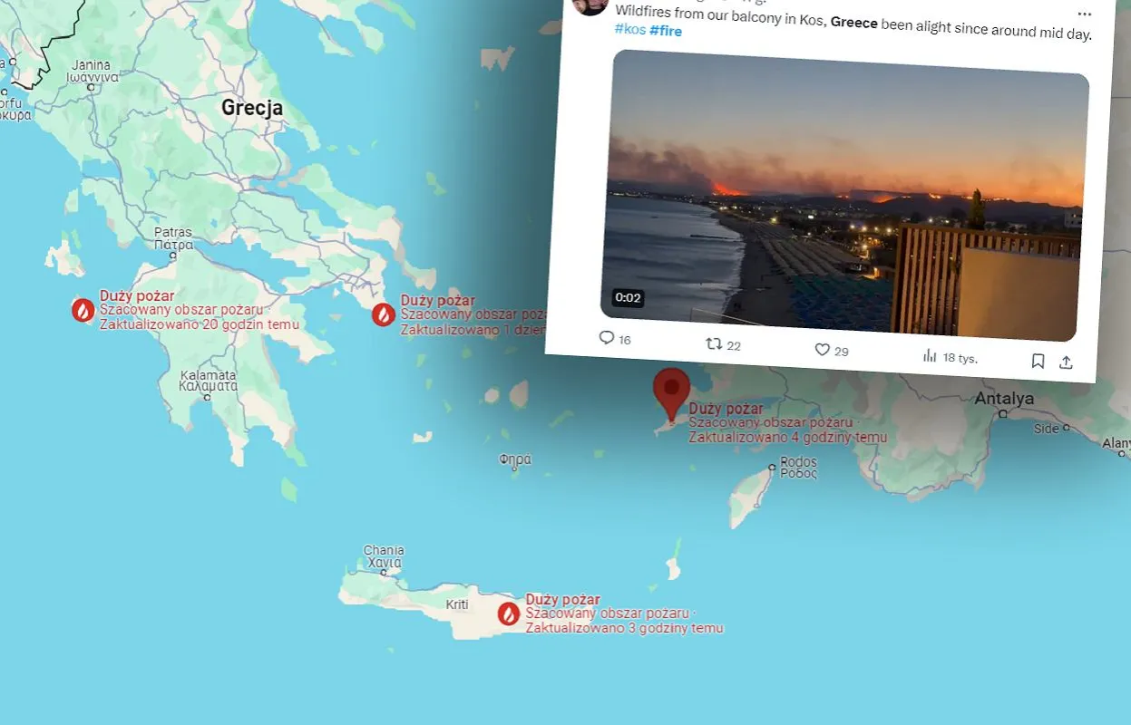 Mapa Grecji z zaznaczonymi pożarami. Czy na wyspach greckich jest bezpiecznie? Widać ogień na Kos i Krecie.