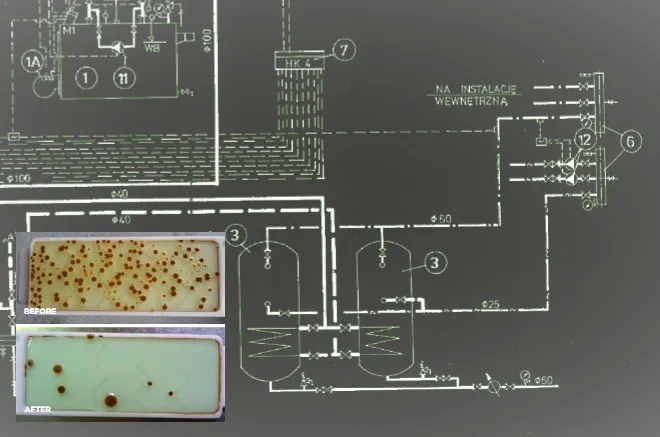 Bakteria Legionella pod mikroskopem lub schemat jej rozwoju w instalacji wodnej