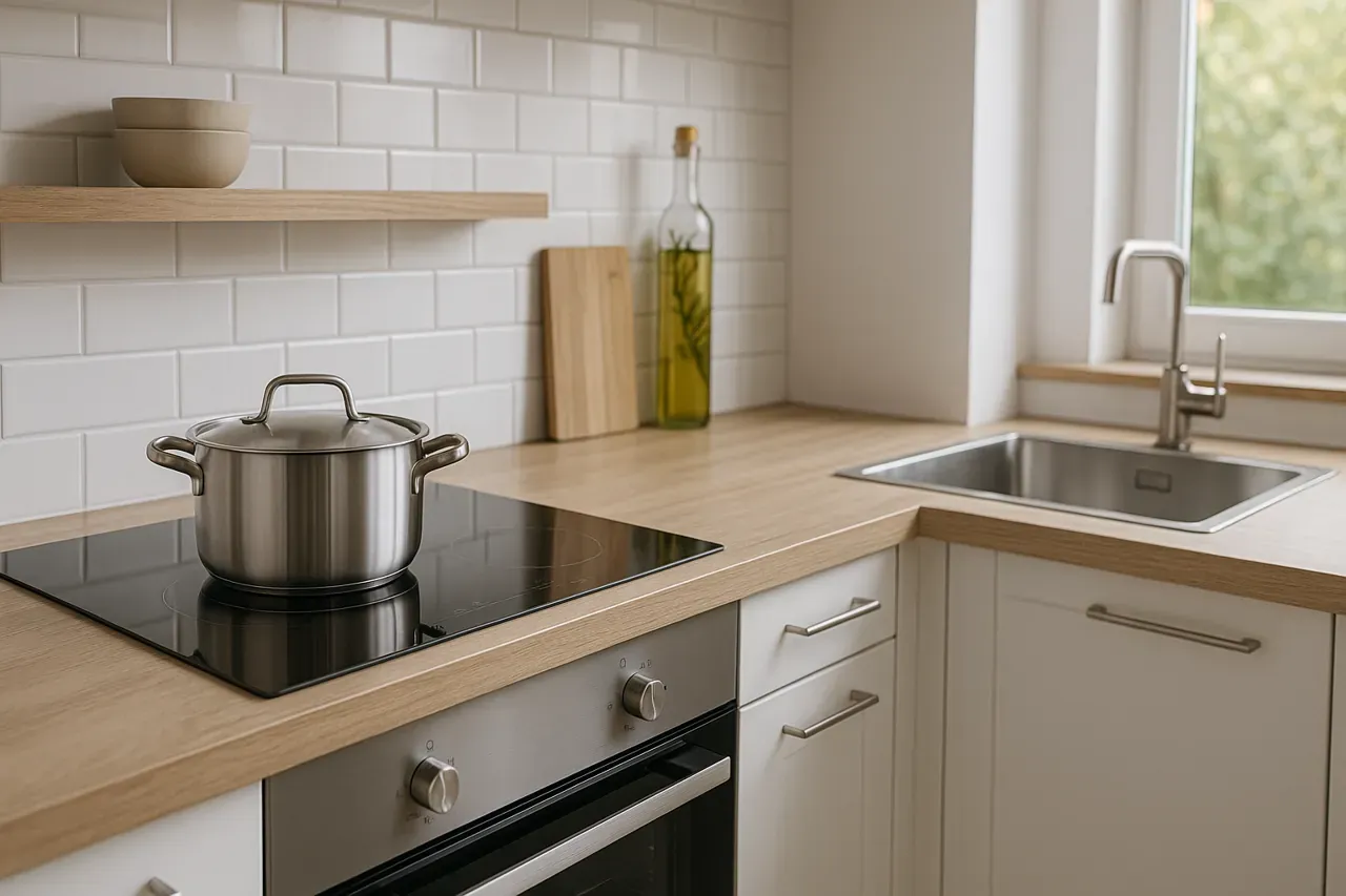 Stalowy garnek na płycie indukcja 3 fazowa. Obok zlew, deska do krojenia i butelka oliwy.