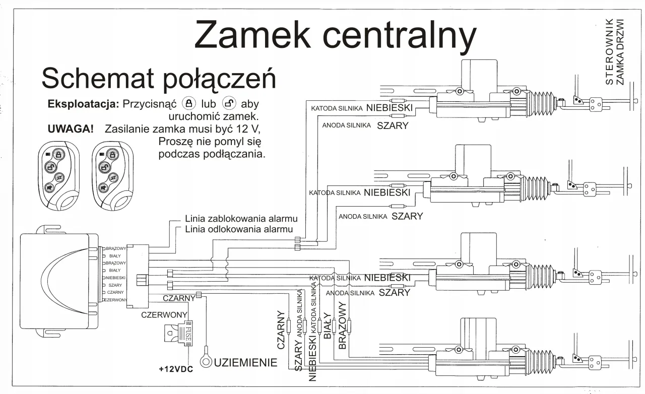 Schemat podłączenia centralnego zamka do Fiata Seicento. Instrukcja montażu z opisem przewod&oacute;w i siłownik&oacute;w.