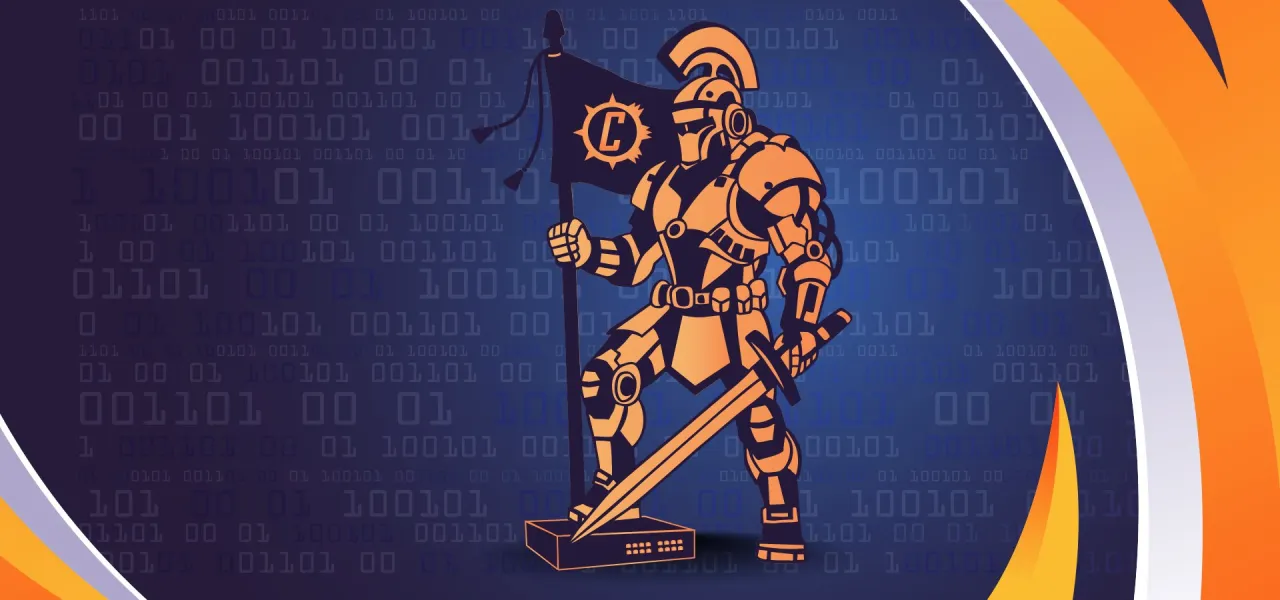 Rycerz w zbroi z mieczem i flagą z literą C. Tło to kod binarny, symbolizujący świat cyfrowy i wyzwania CTF.
