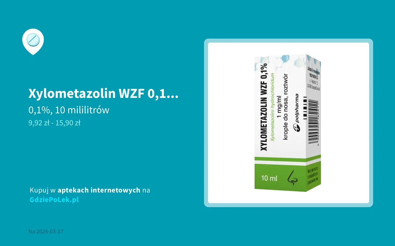 Xylometazolin WZF 0,1% 10 ml krople do nosa. Czy xylometazolin jest na receptę? Cena 9,92-15,90 zł.