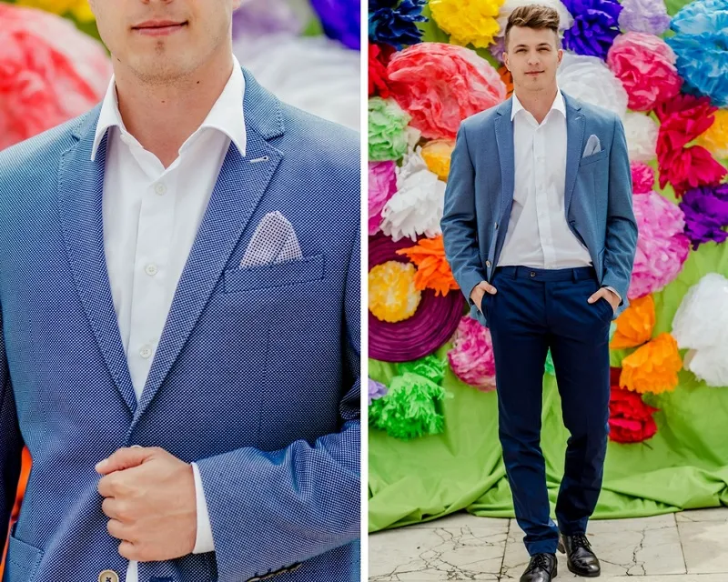 Garnitur ślub cywilny męski kolorowy, stylizacje smart casual pan młody