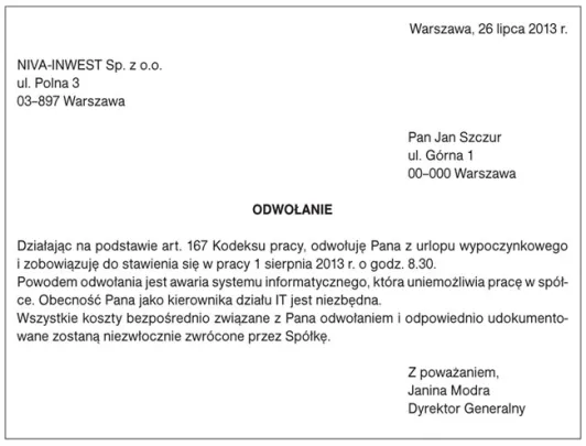 zwrot kosztów odwołanie z urlopu paragony