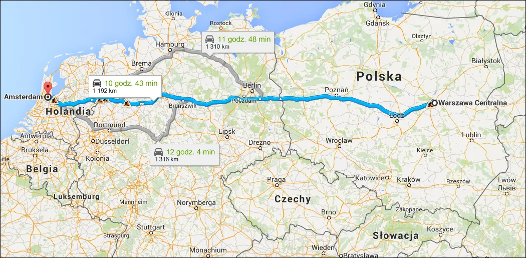 Mapa tras samochodowych Holandia Polska