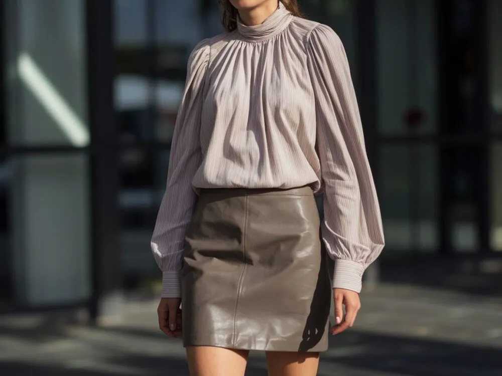 skórzana spódnica jedwabna bluzka kontrast