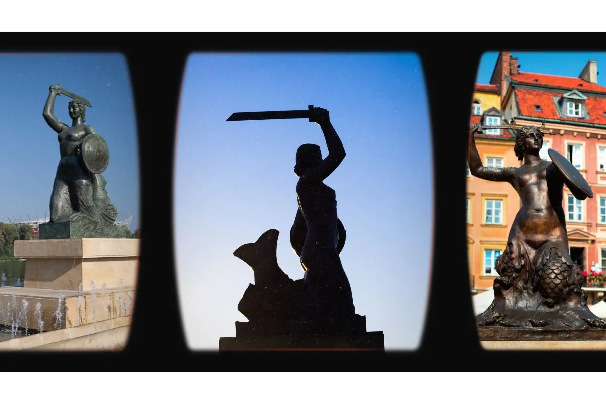 Trzy ujęcia Syrenki Warszawskiej, bohaterki legendy o syrence, z mieczem i tarczą, symbolizującej obronę miasta.