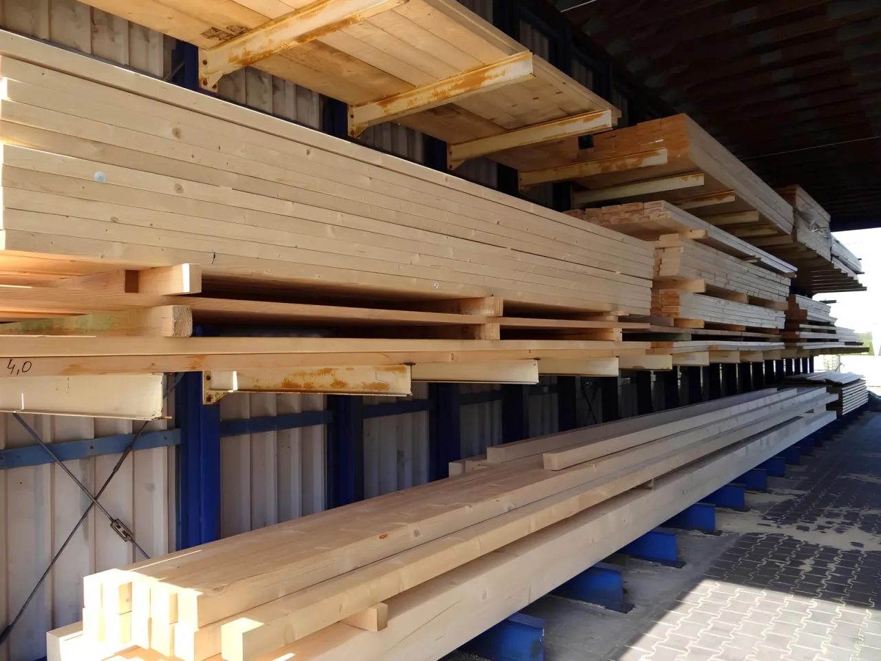 Drewno na antresoli, ułożone na stalowych belkach, czeka na dalszą obr&oacute;bkę.