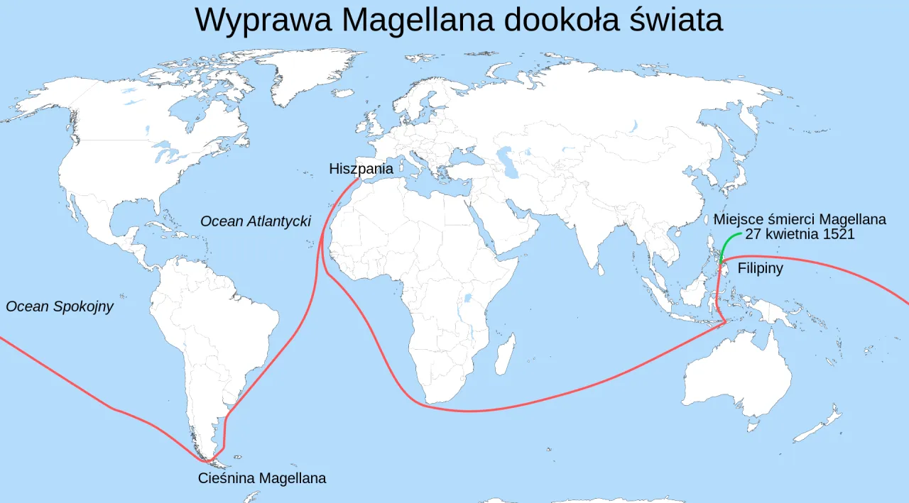 Mapa pokazuje trasę wyprawy Magellana dookoła świata, ukazując co odkrył Ferdynand Magellan: przejście przez Cieśninę Magellana i Ocean Spokojny.