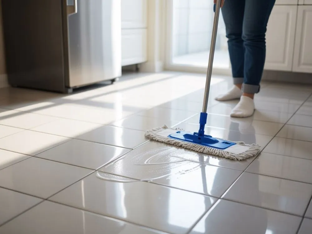 mop parowy w akcji na płytkach podłogowych w kuchni