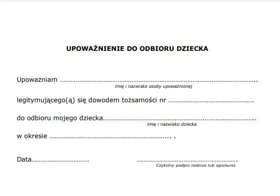 wz&oacute;r upoważnienia do odbioru dziecka z przedszkola