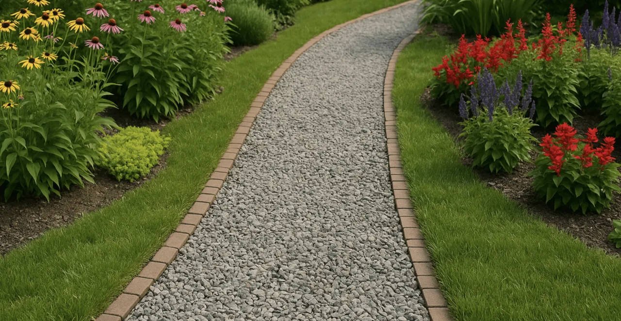 Kamienista ścieżka w ogrodzie, otoczona zieloną trawą i kolorowymi kwiatami. Widać, ile kamienia na m2 zostało użyte do jej budowy.