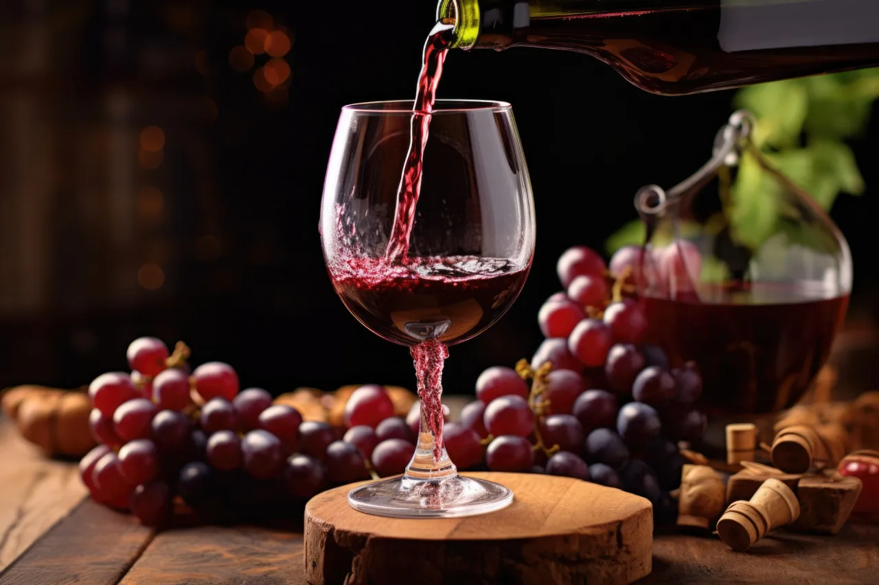 Czerwone wino nalewane do kieliszka, obok winogrona. Różnica między winem wytrawnym a półwytrawnym to zawartość cukru.