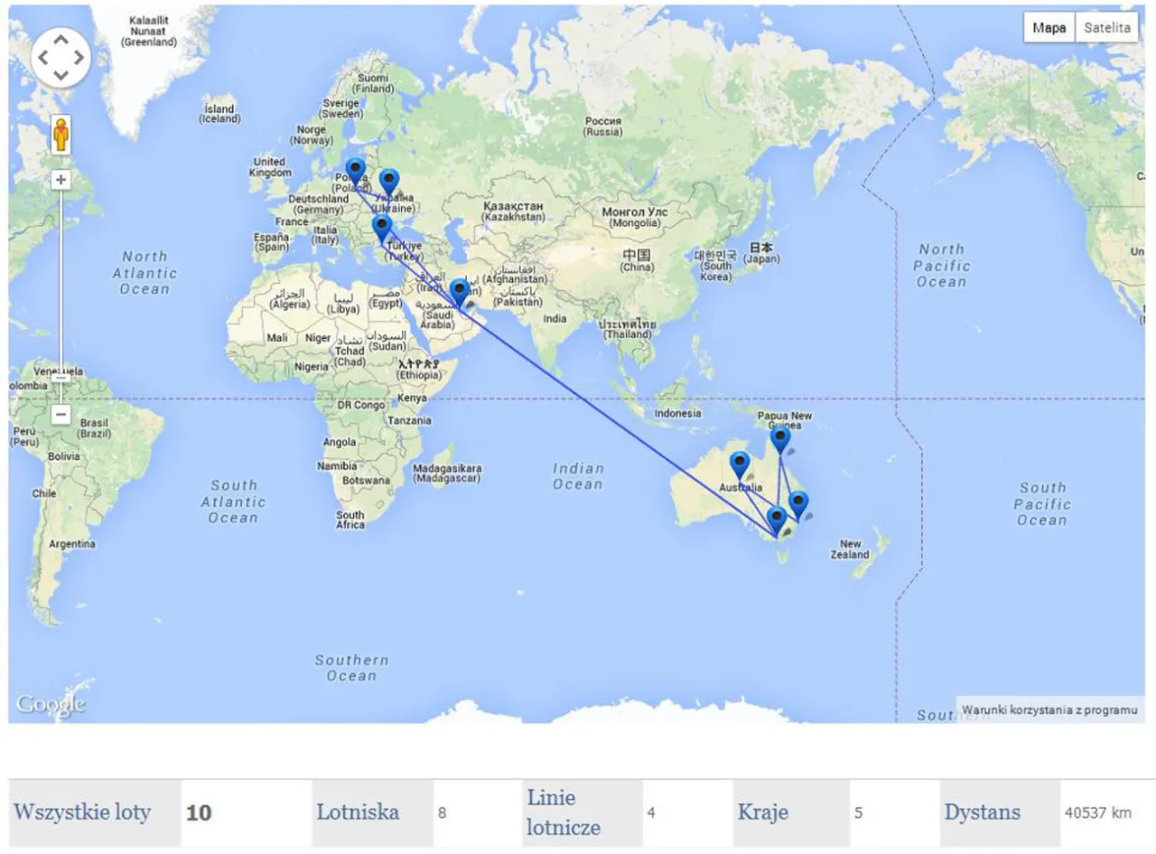Mapa lotów z Polski do Australii. Dystans to 40537 km.