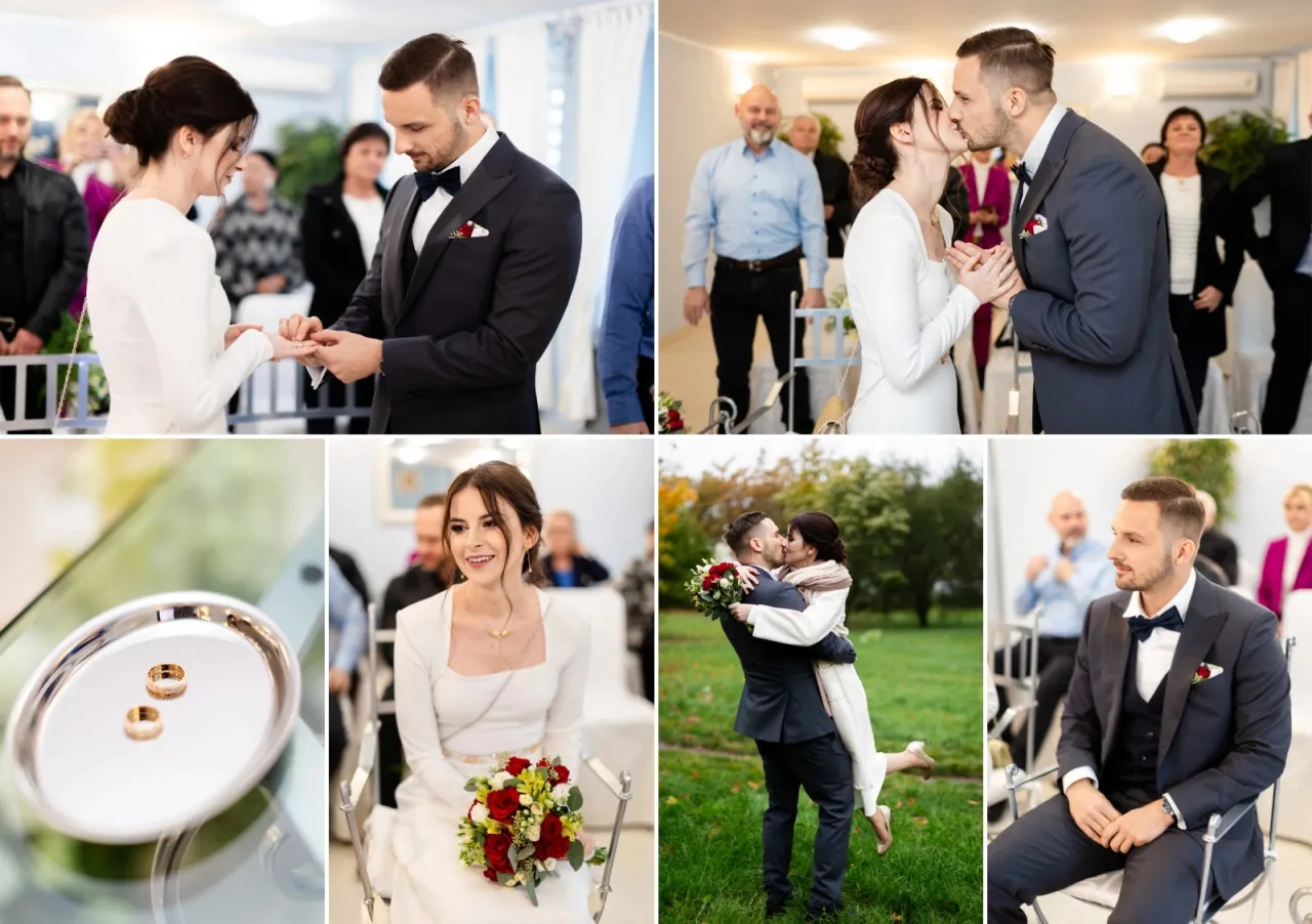 Uroczystość ślubna, obrączki, pocałunki. Ile kosztuje fotograf na ślub cywilny? Sprawdź ceny usług ślubnych.