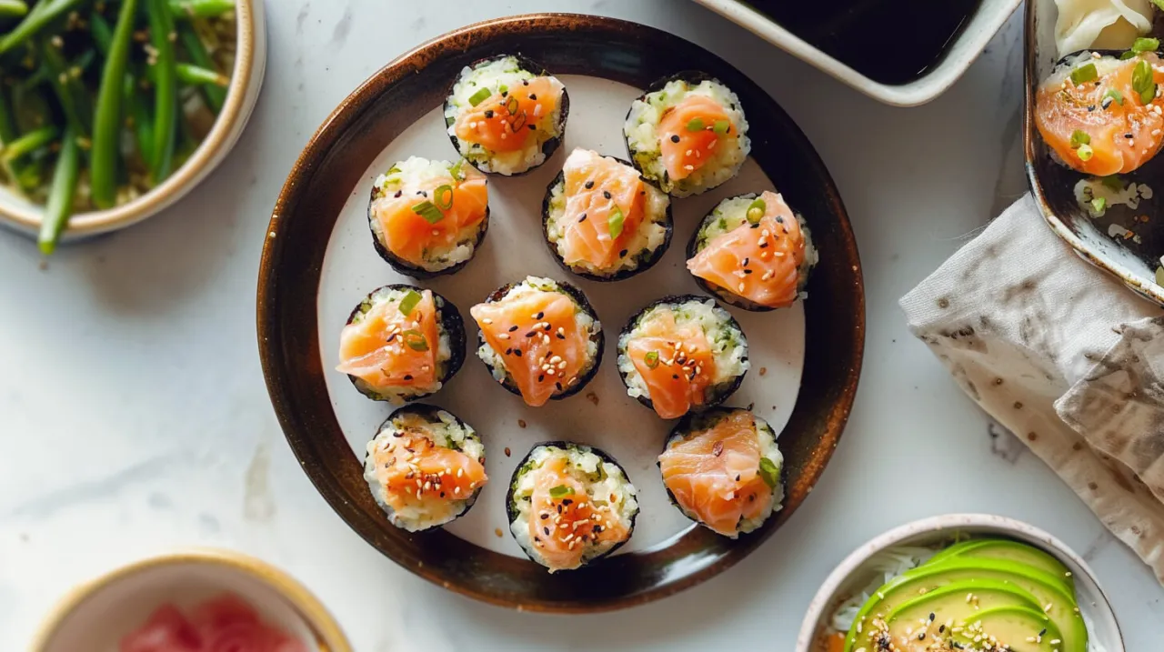 Mini sushi z łososiem i ryżem, posypane sezamem. Czy to sushi czy zdrowe? Obok fasolka szparagowa i awokado.