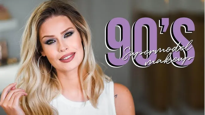 Makijaż lata 90 brązowa szminka cienkie brwi fryzury karbowane włosy