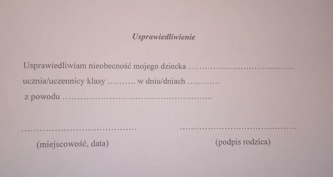 wz&oacute;r usprawiedliwienia nieobecności pełnoletniego ucznia