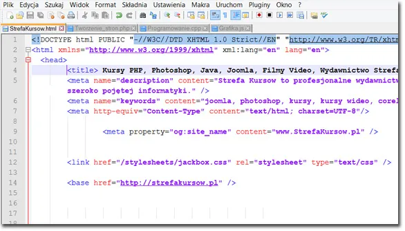Notepad++ interfejs podświetlanie składni HTML
