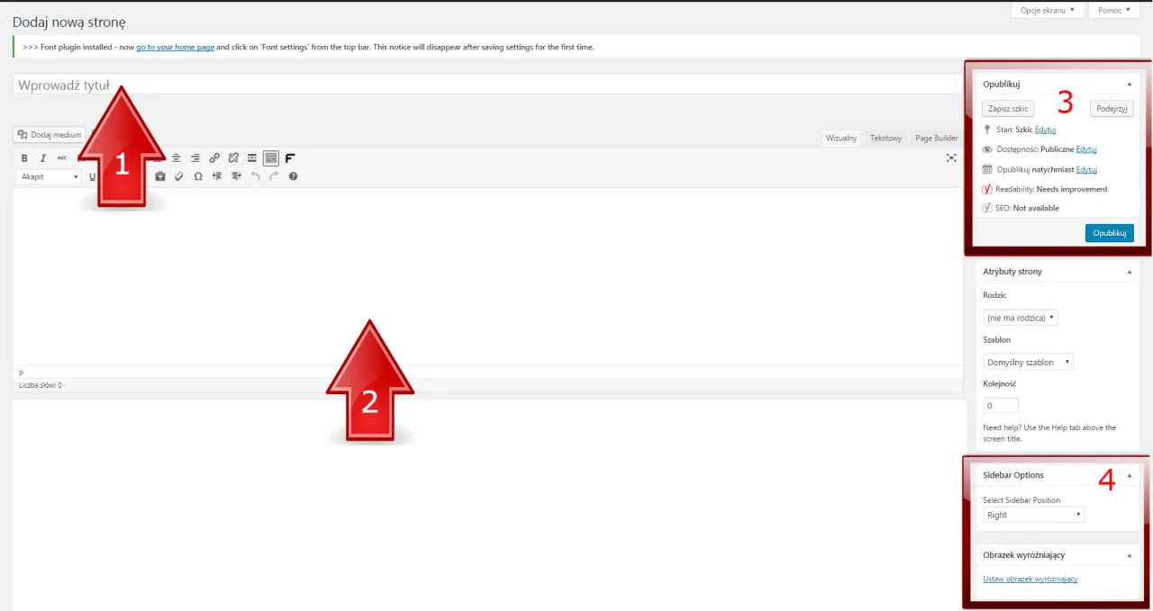 Dodawanie nowej podstrony w WordPress: wprowadź tytuł (1), treść (2), a następnie opublikuj (3). Ustawienia paska bocznego (4).