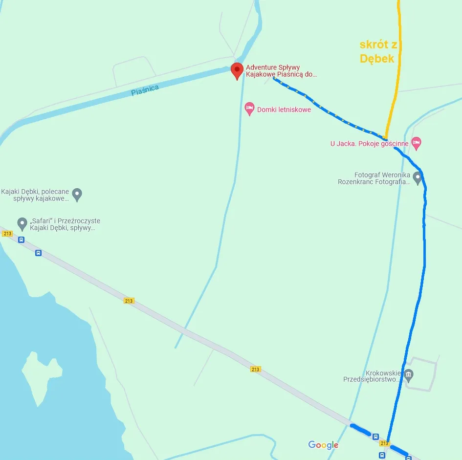 Mapa trasy spływu Piaśnicą z Żarnowca do Dębek