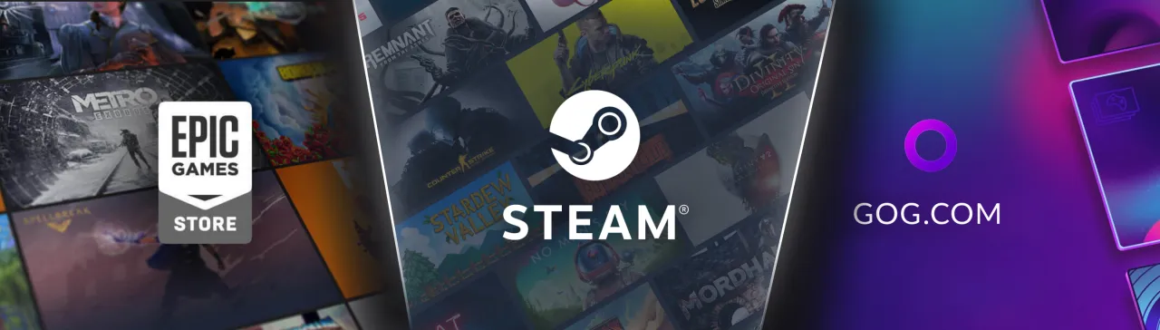 platformy cyfrowe gry, steam epic gog logo