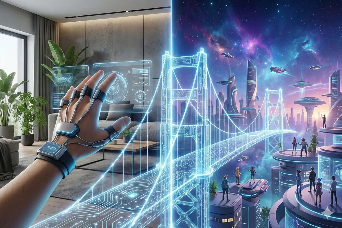 Ręka w rękawicy steruje wirtualnym mostem w futurystycznym mieście. To meta, co to znaczy – wejście w nowy wymiar.