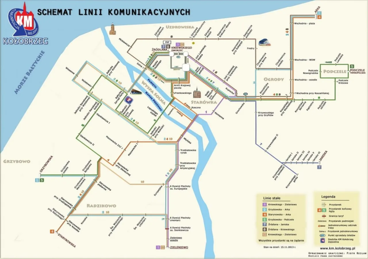mapa trasy Kołobrzeg Grzybowo z zaznaczonymi środkami transportu