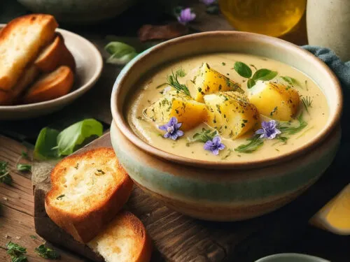 cremige Kartoffelsuppe in einer Sch&uuml;ssel mit frischen Kr&auml;utern und Croutons