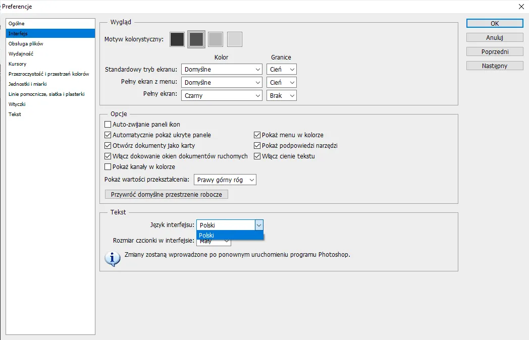 Photoshop błędy zmiana języka